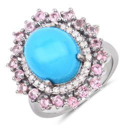 7.07 Carat Genuine Pink Tourmaline, Turquoise and White Diamond .925 Sterling Silver Ring