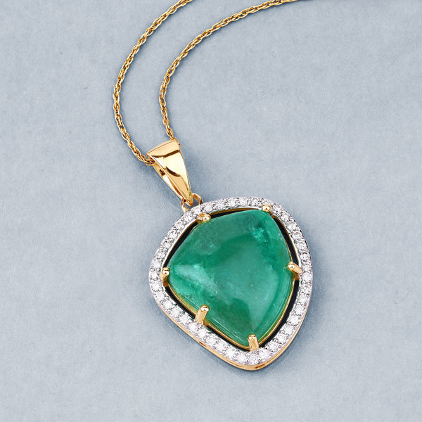 12.13 Carat Genuine Colombian Emerald and White Diamond 14K Yellow Gold Pendant