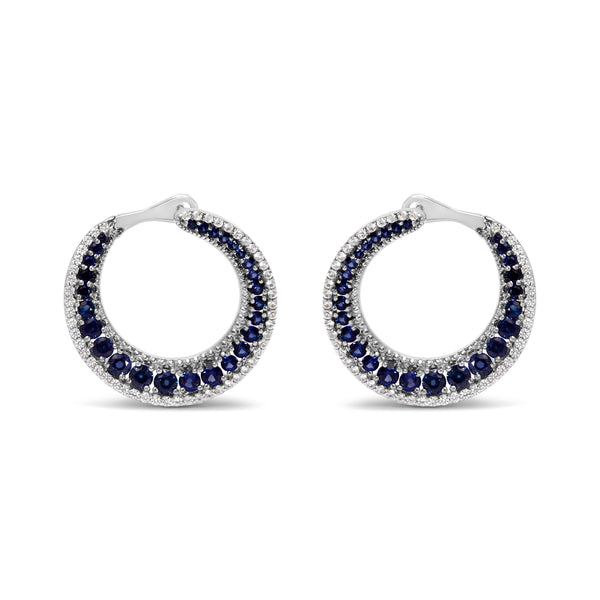 .925 Sterling Silver 2 3/4 Cttw Created Blue Sapphire Crescent Moon Disc Style Hoop Earrings - AAA Quality