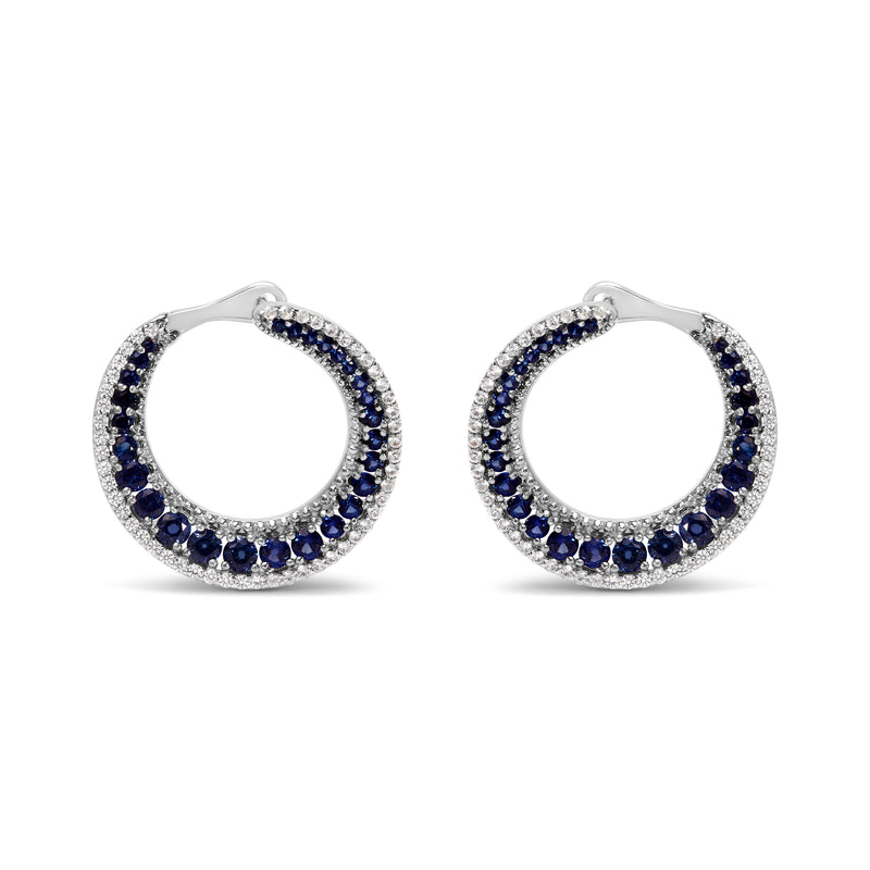 .925 Sterling Silver 2 3/4 Cttw Created Blue Sapphire Crescent Moon Disc Style Hoop Earrings - AAA Quality