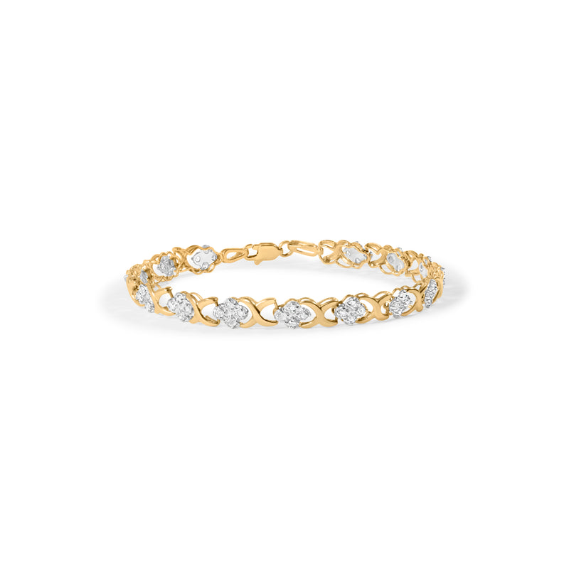 10K Yellow Gold 1.00 Cttw Diamond 5 Stone Floral Cluster and "X" Link 7" Bracelet (I-J Color, I3 Clarity)