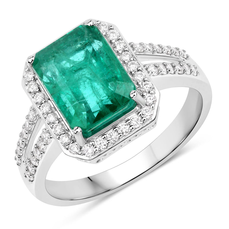 IGI Certified 3.66 Carat Genuine Zambian Emerald and White Diamond 14K White Gold Ring