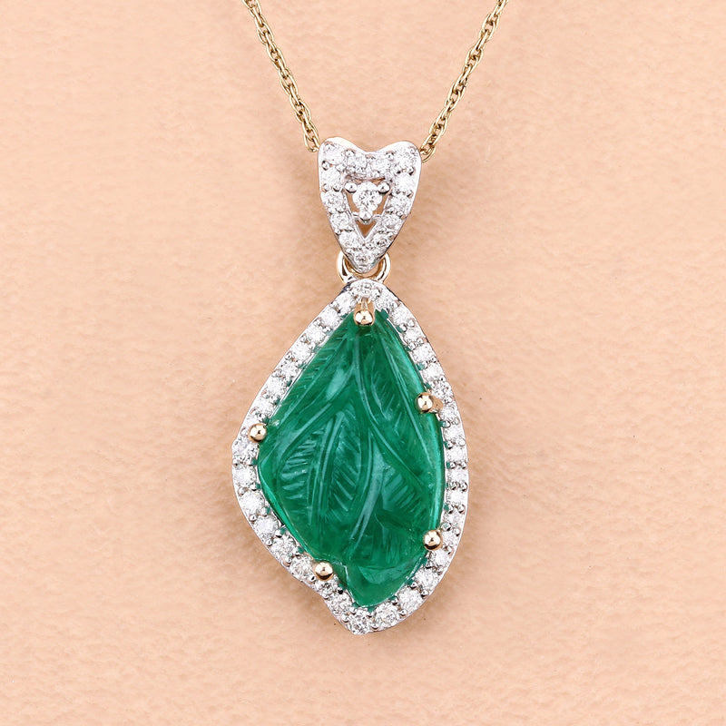 6.28 Carat Genuine Colombian Emerald and White Diamond 14K Yellow Gold Pendant