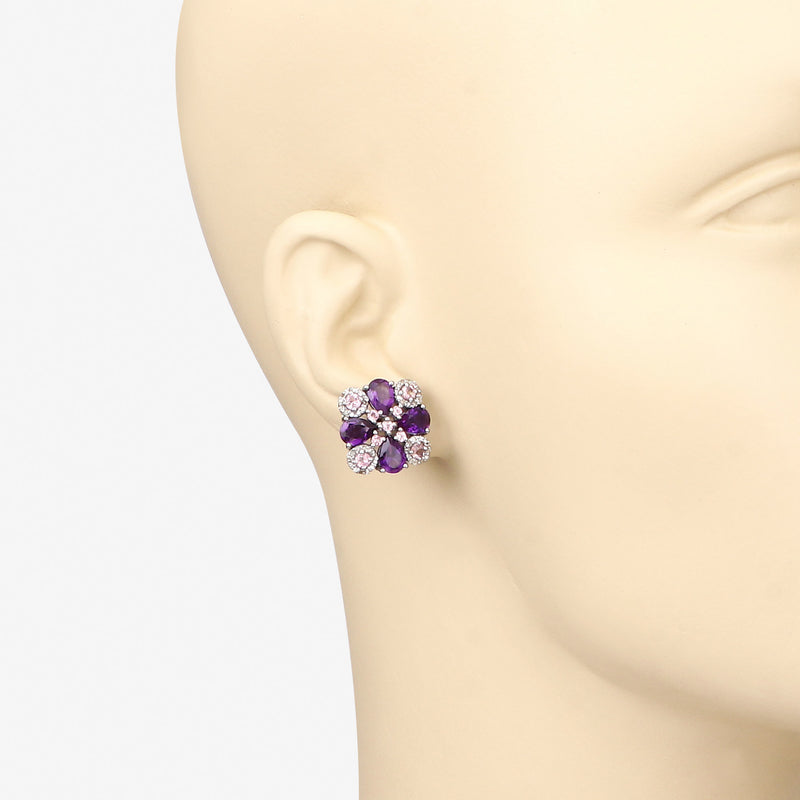 6.51 Carat Genuine Pink Tourmaline, Amethyst and White Diamond .925 Sterling Silver Earrings