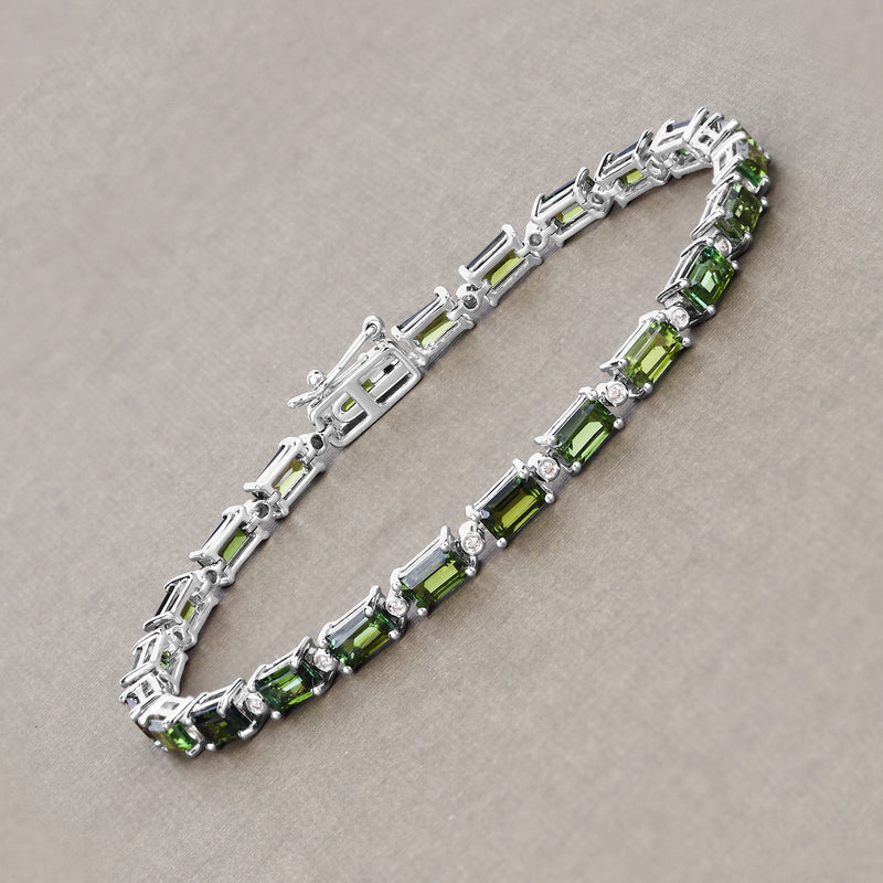 7.51 Carat Genuine Green Tourmaline and White Diamond 14K White Gold Bracelet