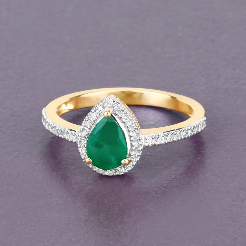 0.88 Carat Genuine Zambian Emerald and White Diamond 14K Yellow Gold Ring