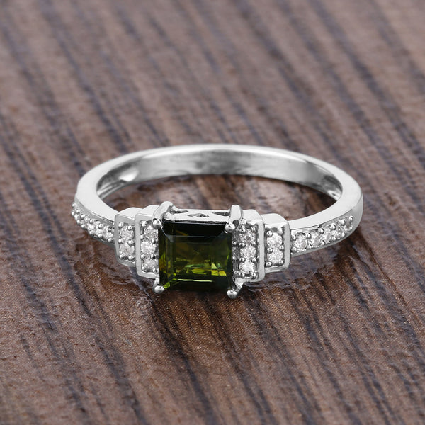 0.72 Carat Genuine Green Tourmaline and White Diamond 14K White Gold Ring