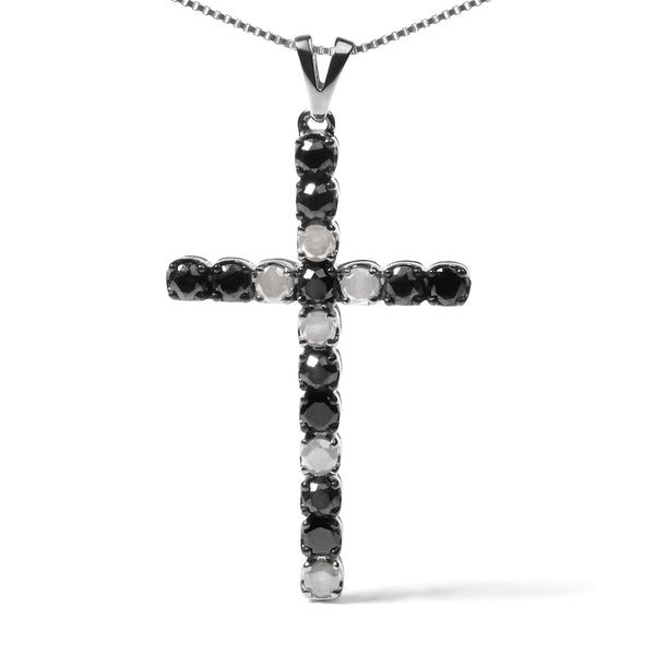 .925 Sterling Silver 2.0 Cttw Prong Set Round Natural Treated Black and White Diamond Cross Pendant Necklace - 18" (Black/H-I Color, I3 Clarity)