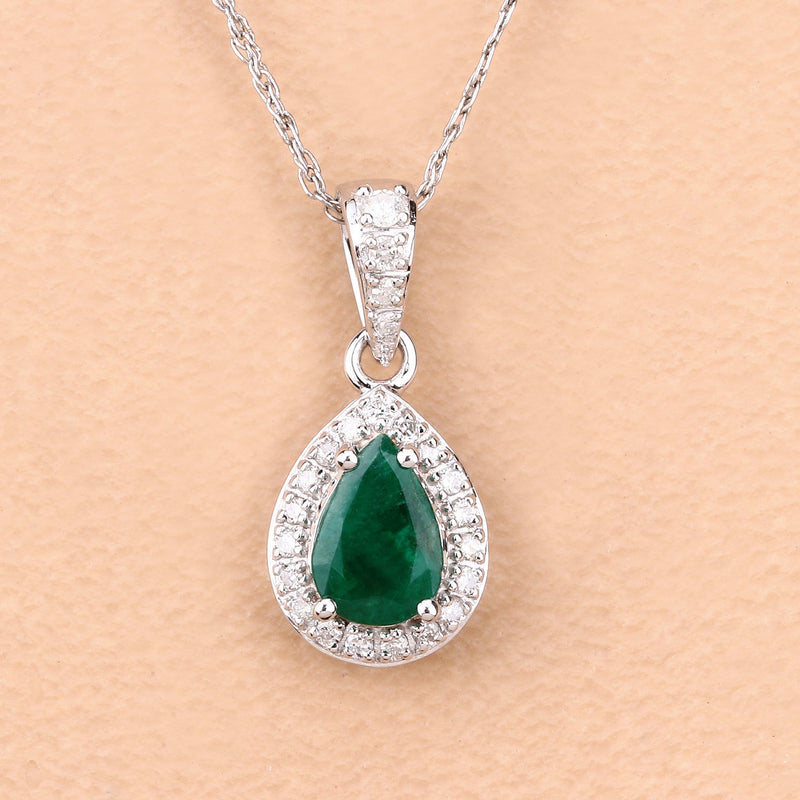 0.77 Carat Genuine Zambian Emerald and White Diamond 14K White Gold Pendant