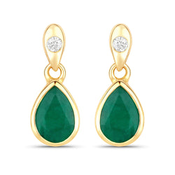 1.35 Carat Genuine Zambian Emerald and White Diamond 14K Yellow Gold Earrings