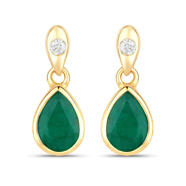 1.35 Carat Genuine Zambian Emerald and White Diamond 14K Yellow Gold Earrings