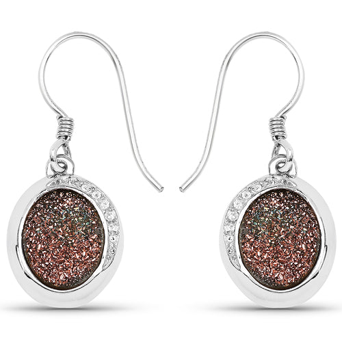 4.72 Carat Genuine Copper Bloom Drusy and White Topaz .925 Sterling Silver Earrings