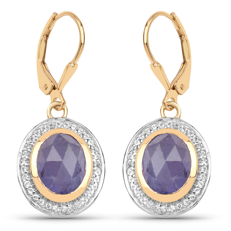 14K Yellow Gold Plated 7.42 Carat Genuine Tanzanite and White Topaz .925 Sterling Silver Earrings