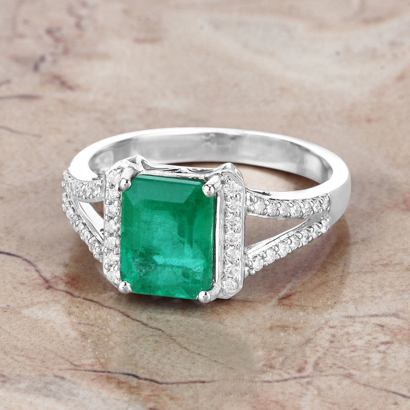 IGI Certified 2.44 Carat Genuine Zambian Emerald and White Diamond 14K White Gold Ring