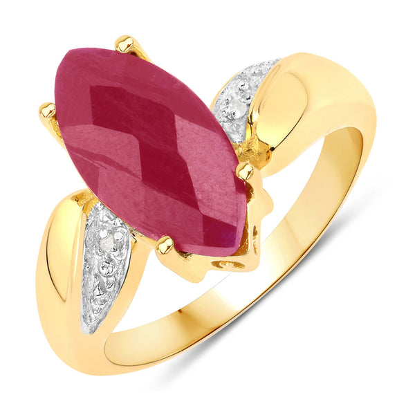 14K Yellow Gold Plated 3.56 Carat Dyed Ruby and White Diamond .925 Sterling Silver Ring