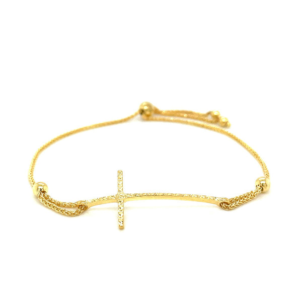 Adjustable Bracelet with Textured Cross in 14k Yellow Gold