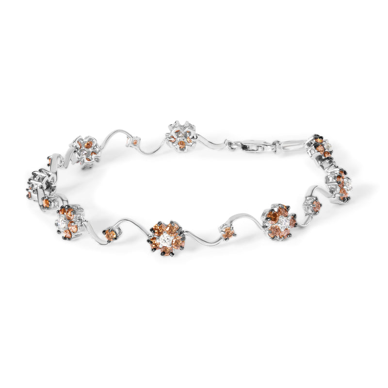 10K White Gold 4.0 Cttw Champagne and White Diamond Floral Cluster and Station Link Bracelet (H-I Color, SI2-I1 Clarity) - 7" Inches