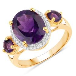 3.82 Carat Genuine Amethyst and White Diamond .925 Sterling Silver Ring