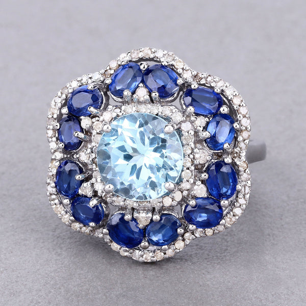 6.70 Carat Genuine Kyanite, Blue Topaz and White Diamond .925 Sterling Silver Ring