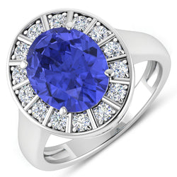 3.82 Carat Genuine Tanzanite and White Diamond 14K White Gold Ring