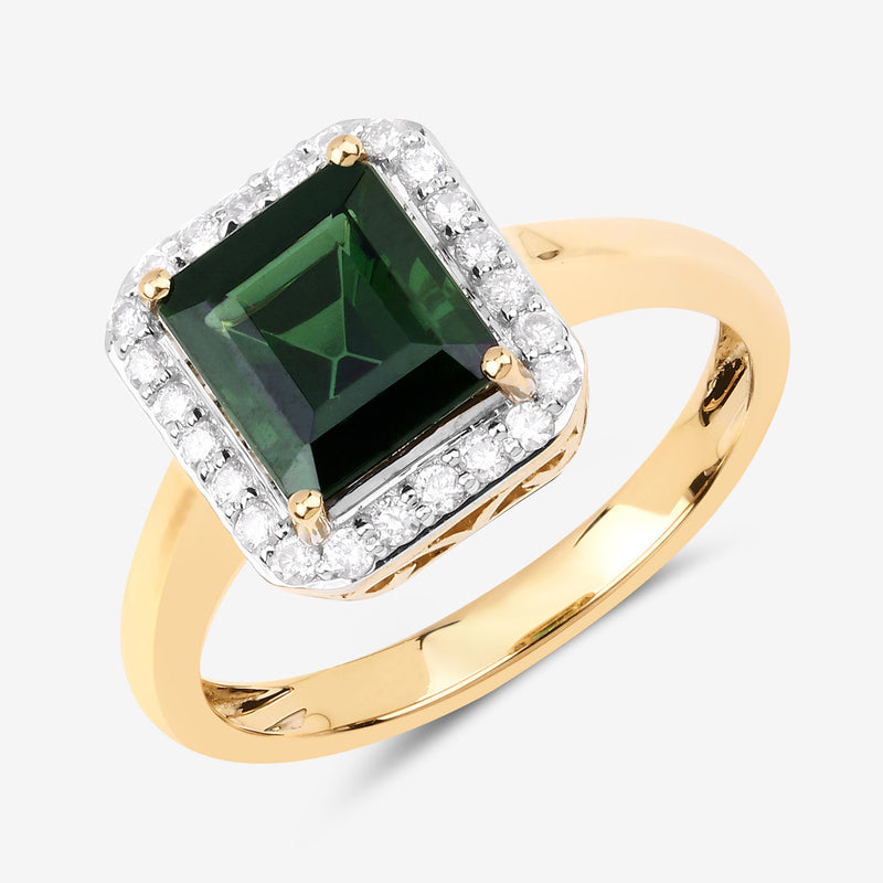 3.02 Carat Genuine Green Tourmaline and White Diamond 14K Yellow Gold Ring