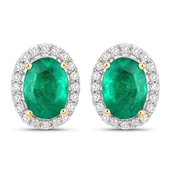 1.66 Carat Genuine Zambian Emerald and White Diamond 14K Yellow Gold Earrings