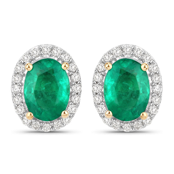 1.66 Carat Genuine Zambian Emerald and White Diamond 14K Yellow Gold Earrings