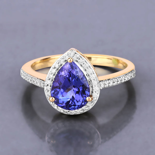 2.39 Carat Genuine Tanzanite and White Diamond 14K Yellow Gold Ring