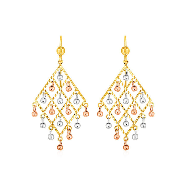 Textured Chandelier Earrings with Ball Drops in 14k Tri Color Gold