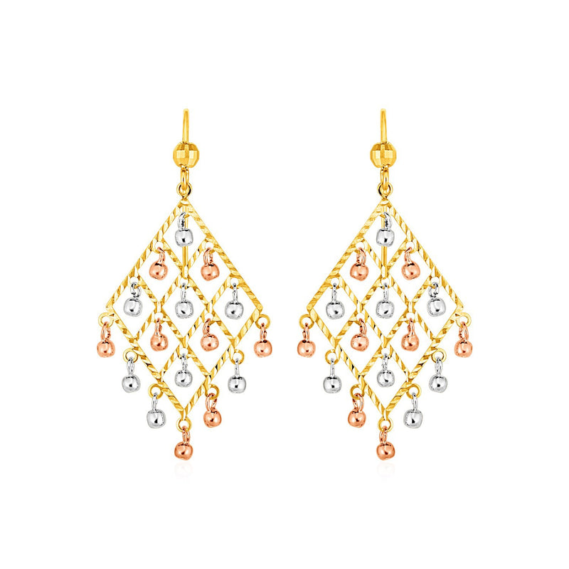 Textured Chandelier Earrings with Ball Drops in 14k Tri Color Gold