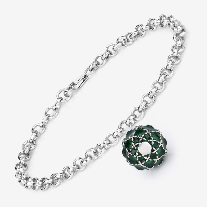 13.66 Grams .925 Sterling Silver Green Enamel Charm Bracelet