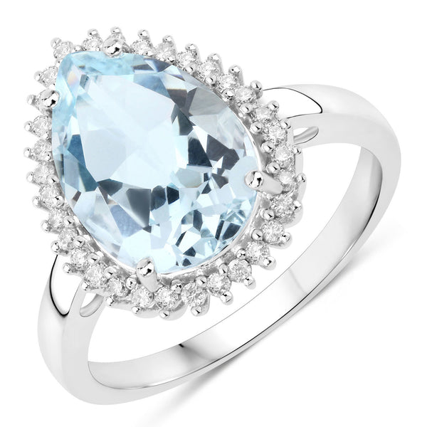 3.16 Carat Genuine Aquamarine And White Diamond 10K White Gold Ring