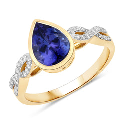 2.01 Carat Genuine Tanzanite and White Diamond 14K Yellow Gold Ring