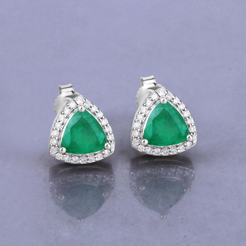 1.27 Carat Genuine Zambian Emerald and White Diamond 14K White Gold Earrings