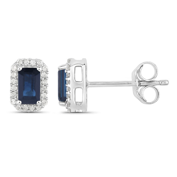 0.91 Carat Genuine Blue Sapphire and White Diamond 14K White Gold Earrings