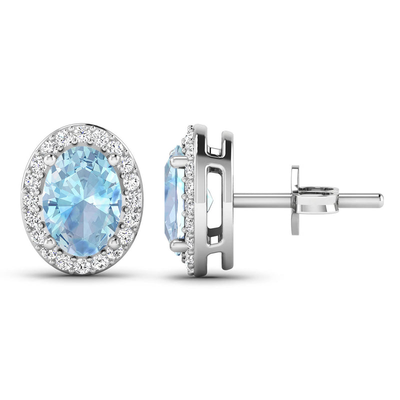 1.28 Carat Genuine Aquamarine and White Diamond 14K White Gold Earrings