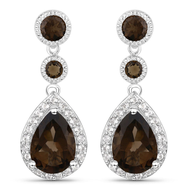 7.34 Carat Genuine Smoky Quartz and White Topaz .925 Sterling Silver Earrings
