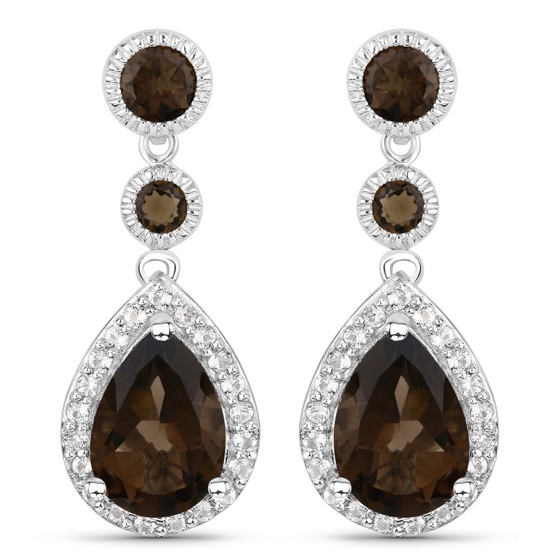 7.34 Carat Genuine Smoky Quartz and White Topaz .925 Sterling Silver Earrings