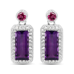 "6.98 Carat Genuine Amethyst, Rhodolite and White Topaz .925 Sterling Silver Earrings