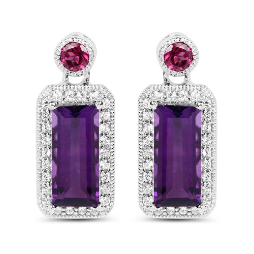 "6.98 Carat Genuine Amethyst, Rhodolite and White Topaz .925 Sterling Silver Earrings