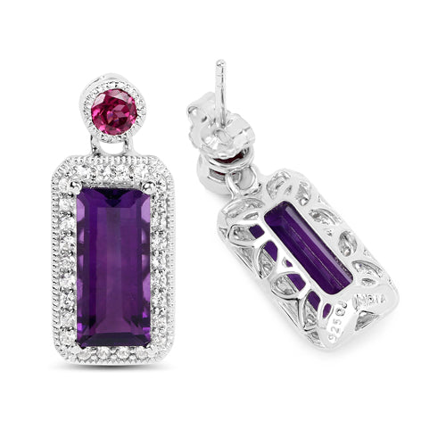 "6.98 Carat Genuine Amethyst, Rhodolite and White Topaz .925 Sterling Silver Earrings