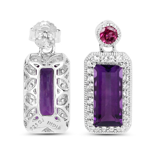 "6.98 Carat Genuine Amethyst, Rhodolite and White Topaz .925 Sterling Silver Earrings