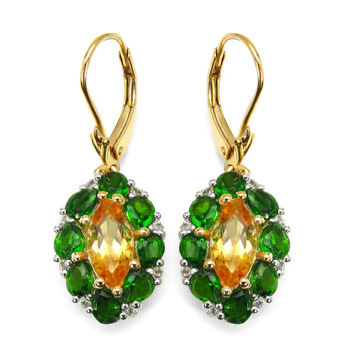 14K Yellow Gold Plated 4.72 Carat Genuine Citrine, Chrome Diopside & White Topaz .925 Sterling Silver Earrings
