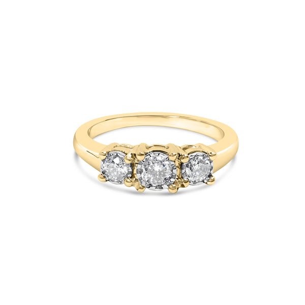 10K Yellow Gold 1/2 Cttw Miracle Set Round Diamond Three Stone Illusion Plate Ring (I-J Color, I2-I3 Clarity) - Size 7