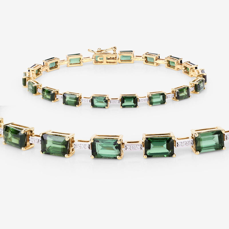 11.14 Carat Genuine Green Tourmaline and White Diamond 14K Yellow Gold Bracelet