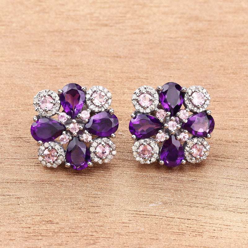 6.51 Carat Genuine Pink Tourmaline, Amethyst and White Diamond .925 Sterling Silver Earrings