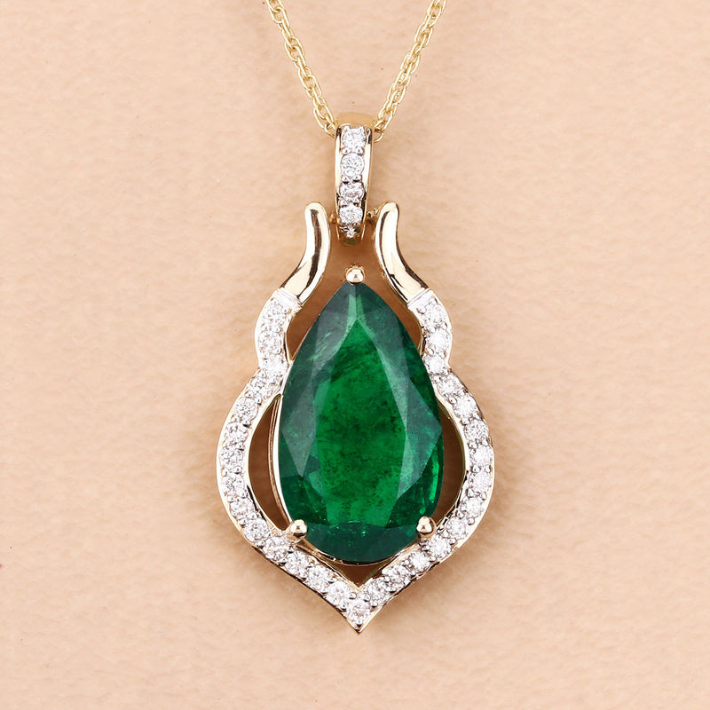 IGI Certified 3.60 Carat Genuine Zambian Emerald and White Diamond 14K Yellow Gold Pendant