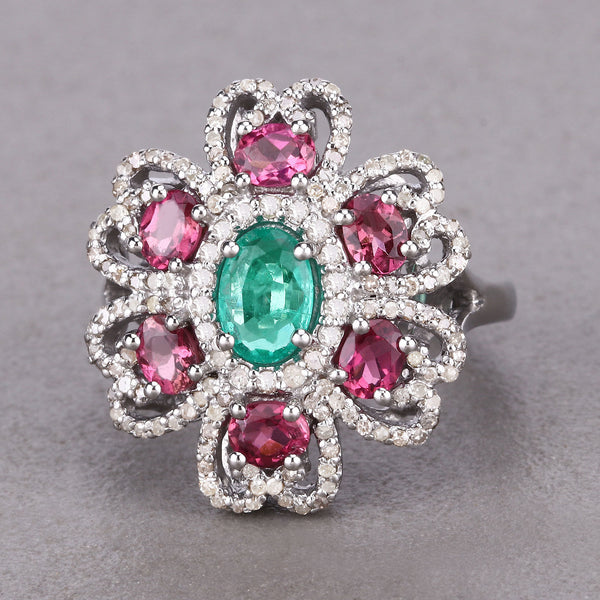 2.53 Carat Genuine Pink Tourmaline, Emerald and White Diamond .925 Sterling Silver Ring