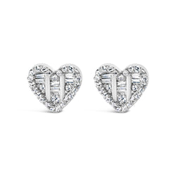 14K Yellow Gold Plated .925 Sterling Silver 1/2 Cttw Round and Baguette Diamond Composite Heart Shaped Stud Earring (I-J Color, SI2-I1 Clarity)