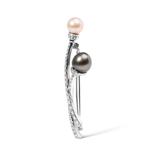 18K White Gold 3/5 Cttw Diamond and Cultured South Sea Black and White Pearl Brooch Pin (H-I Color, VS1-VS2 Clarity)